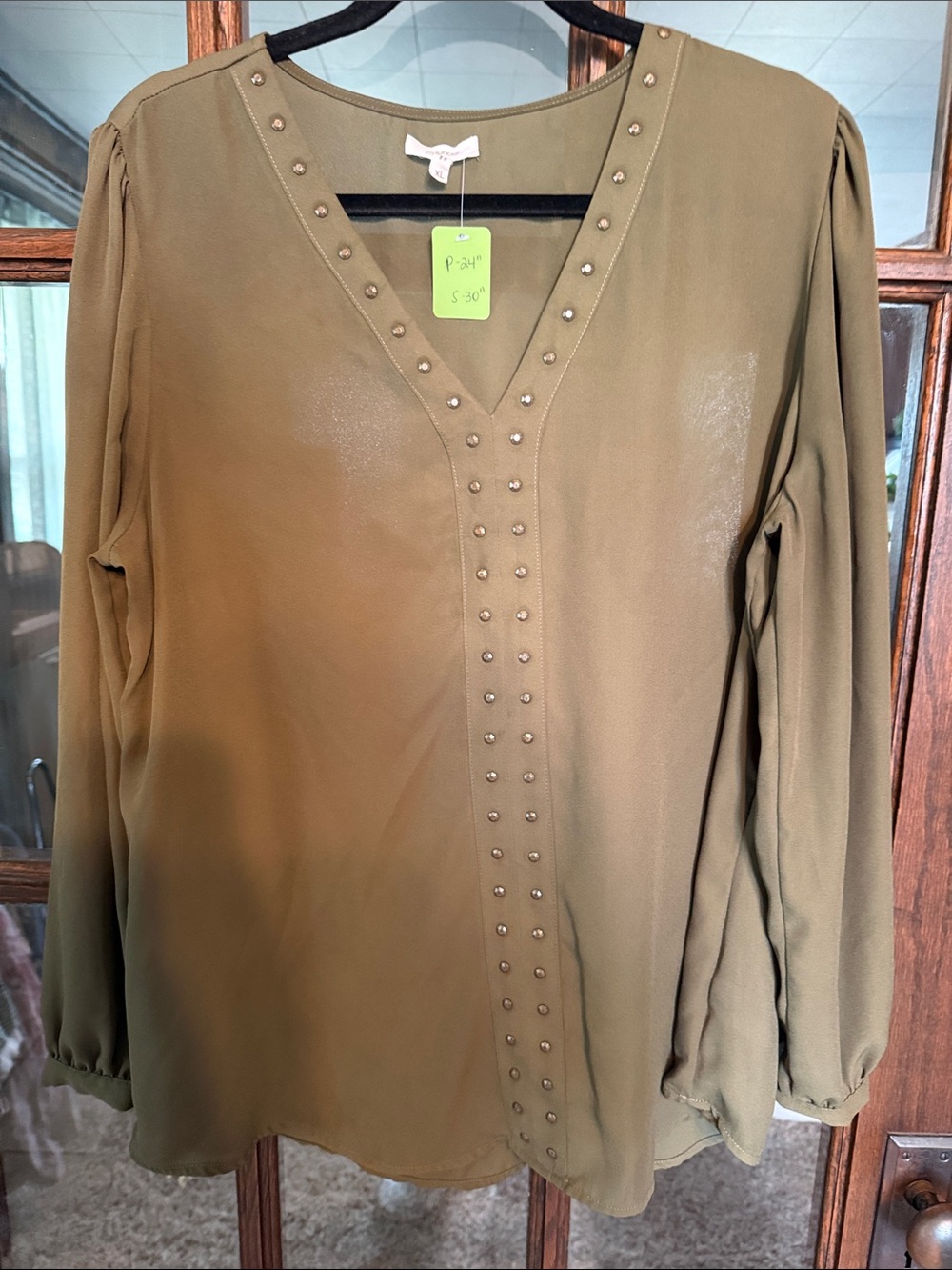 Maurices Olive Stud-Trim V-Neck Blouse